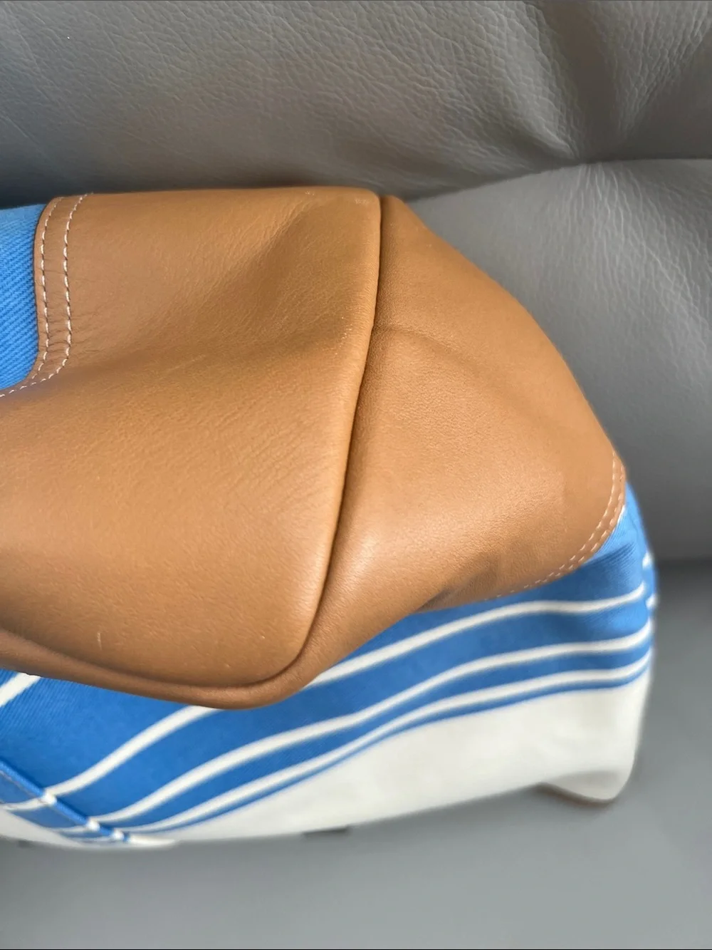 Coach Hadley Variegated Canvas Stripe Tote in Cream, Blue & Brown Leather